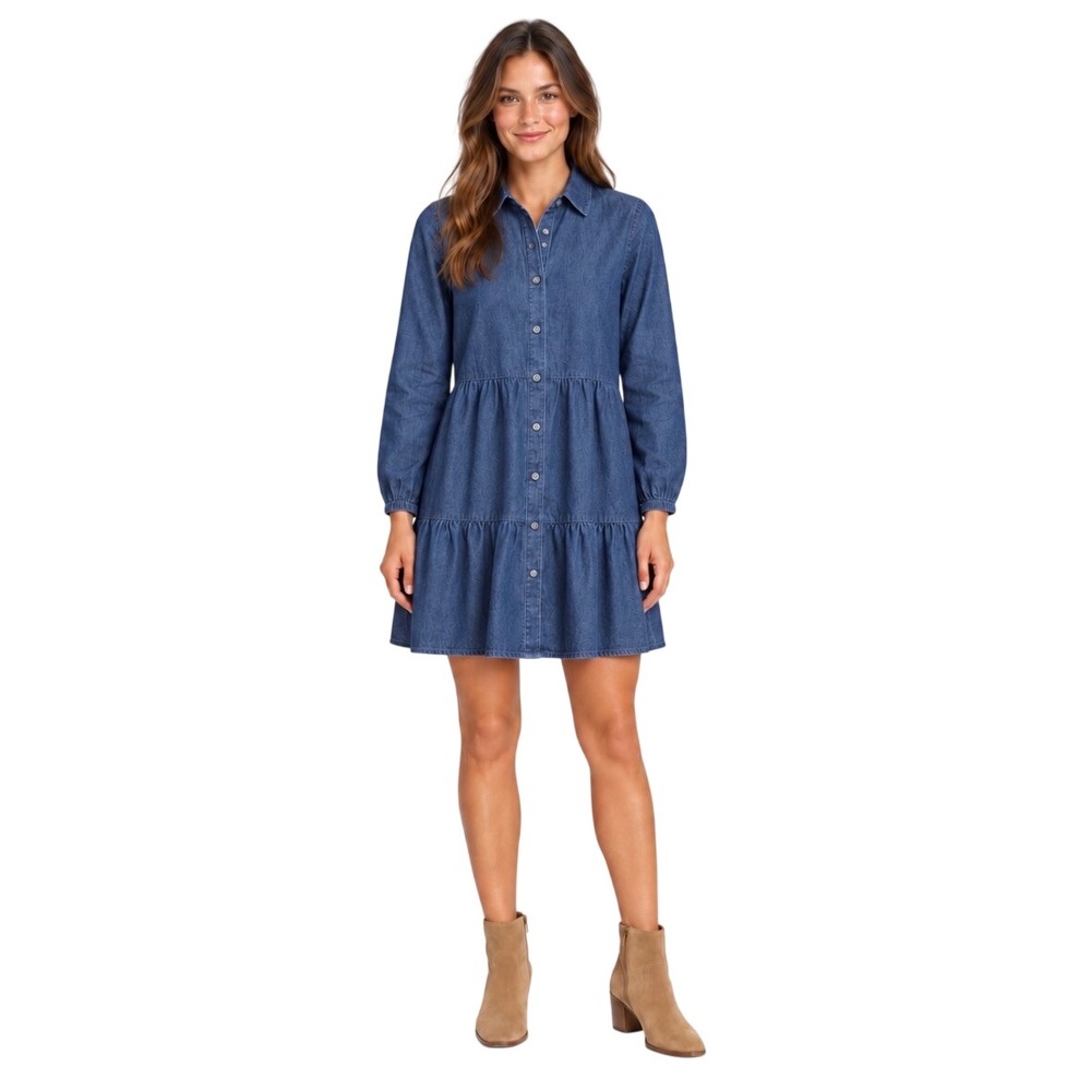 NWT J.Crew Tiered Denim Mini Shirtdress Blue Long Sleeve Cotton BT116 Size 2